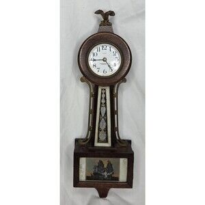 Antique New Haven Waring 8-Day Warwick Banjo Wall Clock Eagle Ship Glass Tested